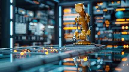 Poster - A robot is standing on a table in a room with many computer monitors. The robot is yellow and has a metallic appearance. The room is filled with technology and the robot seems to be a part of it