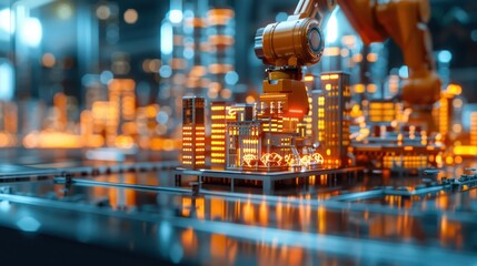 Poster - A robot is seen in a city with buildings and lights. The robot is orange and he is working on a project. The city is lit up with bright lights, giving the scene a futuristic and industrial feel