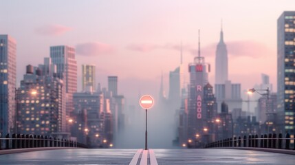 Poster - A city street with a red and white sign that says 