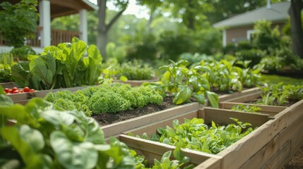 Poster - A garden with many different types of vegetables growing in wooden boxes. The garden is full of green plants and has a peaceful and relaxing atmosphere