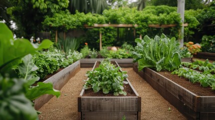 Poster - A garden with many plants and a wooden box in the middle. The plants are green and healthy
