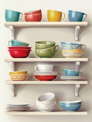 Aufkleber - An image of a white kitchen shelf with various colorful ceramic bowls and mugs neatly arranged. Generative AI
