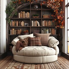 Poster - A cozy reading nook with a white couch and a large bookcase filled with books. The couch is surrounded by pillows and a vase with flowers. The room has a warm and inviting atmosphere