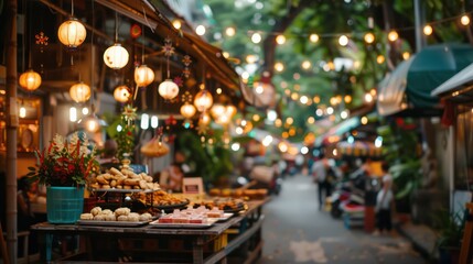 Aufkleber - A busy street with a lot of people and food stands. The atmosphere is lively and bustling. The street is lit up with lights, creating a warm and inviting ambiance