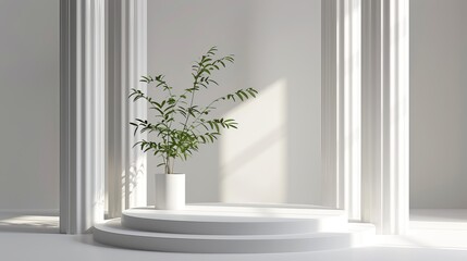 Canvas Print - Minimalist white room featuring a green potted plant placed on a round pedestal with columns, illuminated by natural sunlight.