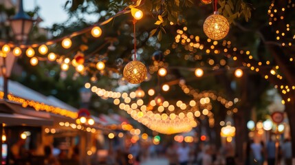 Aufkleber - A street with lights hanging from trees and people walking around. The lights create a warm and inviting atmosphere