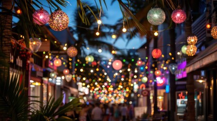 Aufkleber - A street with many lights and people walking. The lights are colorful and the mood is festive