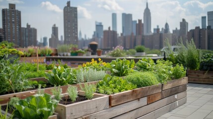 Poster - A garden with many plants and a view of a city. The plants are in wooden planters