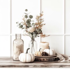 Aufkleber - A table with a vase of flowers, a candle, and some pumpkins. The table is decorated with a rustic wooden base and a white cloth. Scene is warm and inviting, with the combination of the flowers