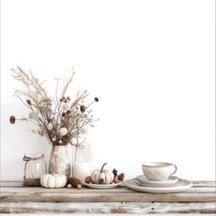 Aufkleber - A wooden table with a vase of flowers, a pumpkin, and a candle. The table is set for a meal, with a plate of food and a cup. Scene is warm and inviting, with the flowers