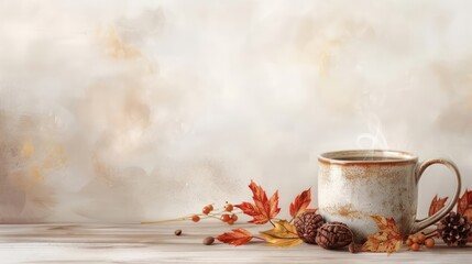 Aufkleber - A white coffee mug with a brown handle sits on a wooden table. The table is covered with autumn leaves, pine cones, and coffee grounds. Concept of warmth and comfort, as the coffee mug