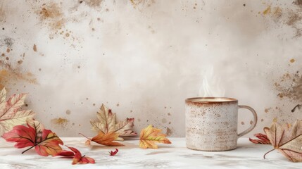 Aufkleber - A white coffee cup with steam rising from it sits on a table with a pile of autumn leaves. Concept of warmth and comfort, as the cup of coffee is a symbol of relaxation