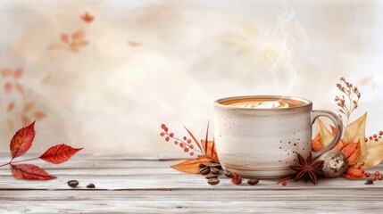 Aufkleber - A white coffee mug with coffee and spices on a wooden table. The coffee mug is surrounded by leaves and spices, creating a cozy and inviting atmosphere