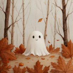 Poster - a white ghost is standing in a forest with orange leaves. the ghost has a happy expression on its fa