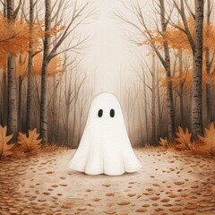 Poster - a white ghost stands in a forest with autumn leaves. scene is eerie and spooky