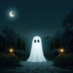 Poster - A ghost stands in a dark forest at night. The ghost is white and has a creepy expression. The scene is eerie and spooky, with the moon shining through the trees and casting shadows on the ground