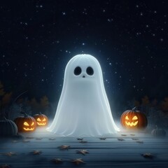 Poster - a ghost is standing in front of three pumpkins. the scene is set in a dark, eerie atmosphere, with t