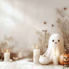 Poster - a halloween scene with a ghost, pumpkins, and candles. the ghost is sitting on a table with a pumpki