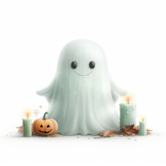 Poster - a ghost is standing in front of a pumpkin and candles. the ghost is smiling and he is happy