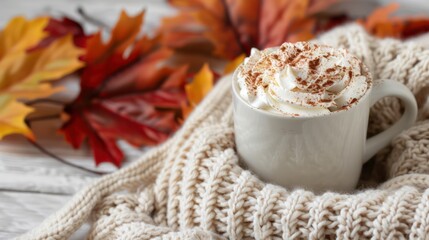 Aufkleber - A white mug with whipped cream on top sits on a blanket with autumn leaves. The scene conveys a cozy and warm atmosphere, perfect for enjoying a hot beverage on a chilly day