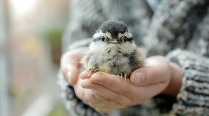 A small bird is being held in a person's hand. The bird is black and white and he is a chickadee. The person holding the bird seems to be enjoying the moment and taking care of the bird