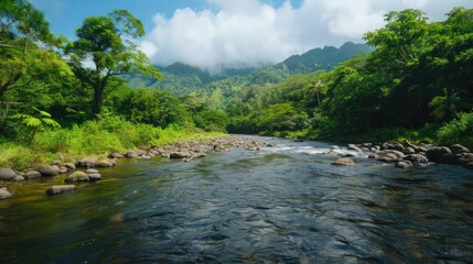 Poster - A river with a forest in the background. The water is clear and calm. The sky is blue and there are clouds in the background