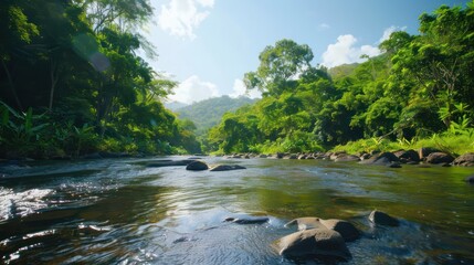 Poster - A river with a lush green forest on either side. The water is clear and calm. The sky is blue and there are some clouds