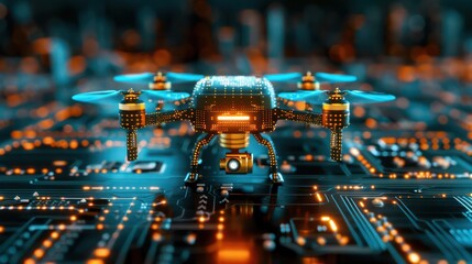 Poster - A small drone is hovering over a cityscape. The drone is surrounded by a lot of electronic equipment, giving the impression of a futuristic city