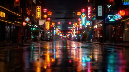 Poster - A city street at night with neon signs and lights reflecting on the wet pavement. Scene is lively and bustling, with the neon lights creating a vibrant atmosphere