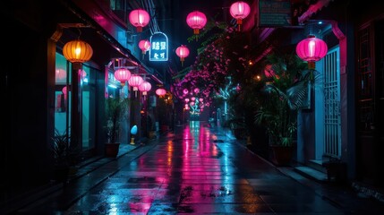 Poster - A neon lit street with a sign that says US 5. The street is wet and the lights are reflecting on the water