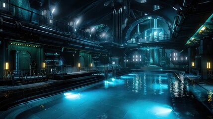 Poster - A futuristic swimming pool with a neon blue color. The pool is surrounded by a dark room with a lot of lights