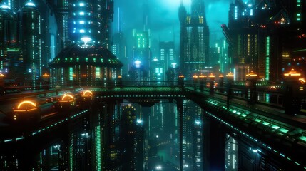 Poster - A cityscape with neon lights and tall buildings. Scene is futuristic and vibrant
