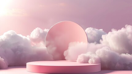 Wall Mural - This image showcases an abstract dreamy scene with a circular pink pedestal surrounded by fluffy clouds in a serene environment.