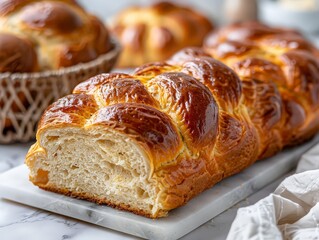 Wall Mural - Slices of homemade brioche bread with glossy crust, showcasing rich flavor and light, airy texture achieved through yeast fermentation.