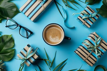 This image showcases a black coffee cup with foam, surrounded by striped gifts, eyeglasses, and green leaves on blue surface.