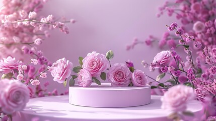 Canvas Print - Artistic arrangement of pink flowers on a round platform, accompanied by delicate pink and purple blossoms, expressing beauty and elegance in floral design.