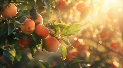 Poster - Close-up of ripe apples hanging from a branch in an orchard, bathed in the warm glow of morning sunlight. Generative AI