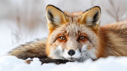 Wall Mural - A fox is laying in the snow with its head tilted to the side. The fox is brown and white, and it is enjoying the cold weather