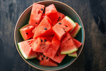 Wall Mural - Top-down view of red ripe watermelon cubes in a bowl
