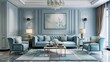 © RIZAL - Light blue living room interior with cozy luxury sofa.