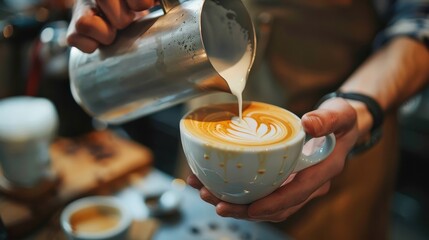 Wall Mural - Barista guiding a trainees hand while pouring milk 
into a cup of coffee