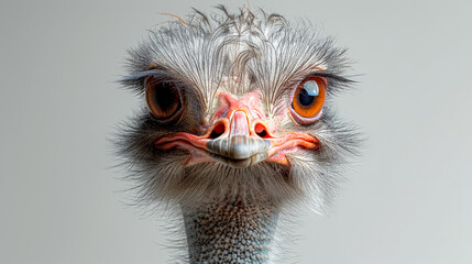 Wall Mural - A close up of an ostrich's face with its beak open and its eyes closed. The ostrich appears to be smiling