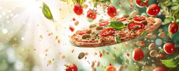 Wall Mural - A slice of pizza with a variety of toppings, including tomatoes, olives, and basil, is flying through the air.
