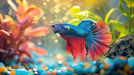 Wall Mural - A beautiful blue and red fish is swimming in a tank with colorful plants