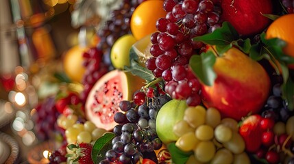 Poster - A close-up view of a variety of fresh fruits, including grapes, strawberries, and apples, arranged in a colorful display. Generative AI
