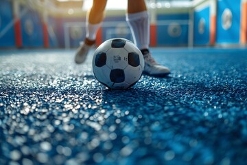 Wall Mural - Close-Up of Soccer Ball on Blue Turf with Player in Background