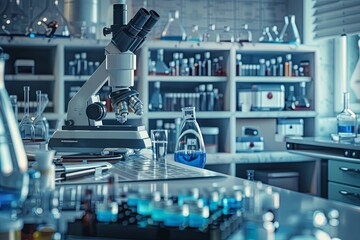 Poster - A microscope sits on a lab table with a beaker of blue liquid. Generative AI