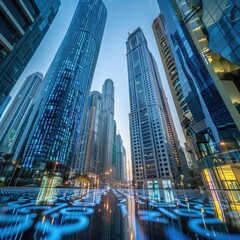 modern tech cityscape with binary code surrounding reflective skyscrapers