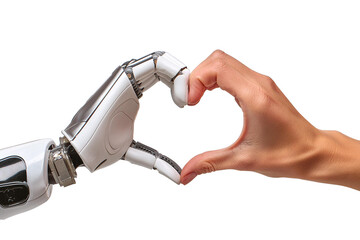 Human and robot hands forming a heart shape together on white background.