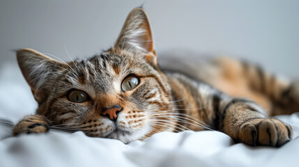 A cat is sleeping on a white blanket. The cat is curled up and has its eyes closed